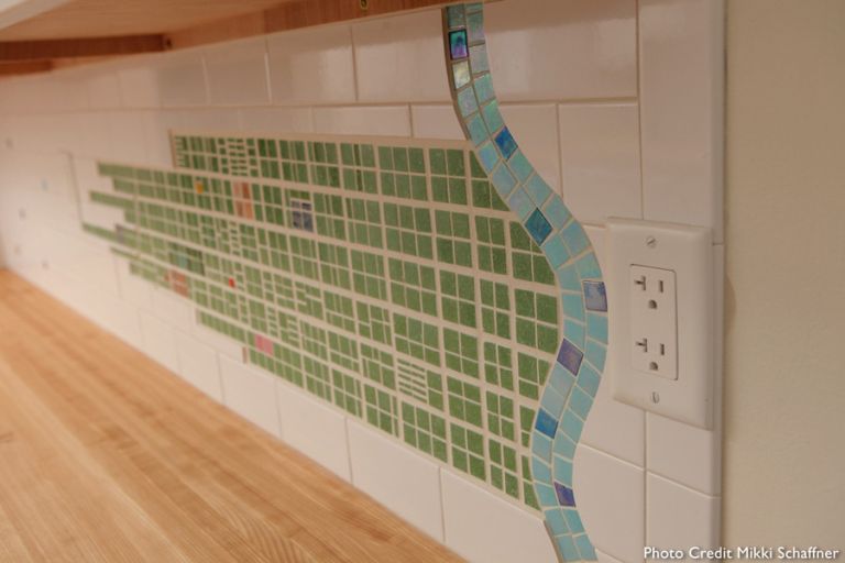 Tile map mosaic detail showing a city grid in green glass tile with an iridescent blue wavy "Ohio River" curving through it, set in a white subway tile kitchen backsplash